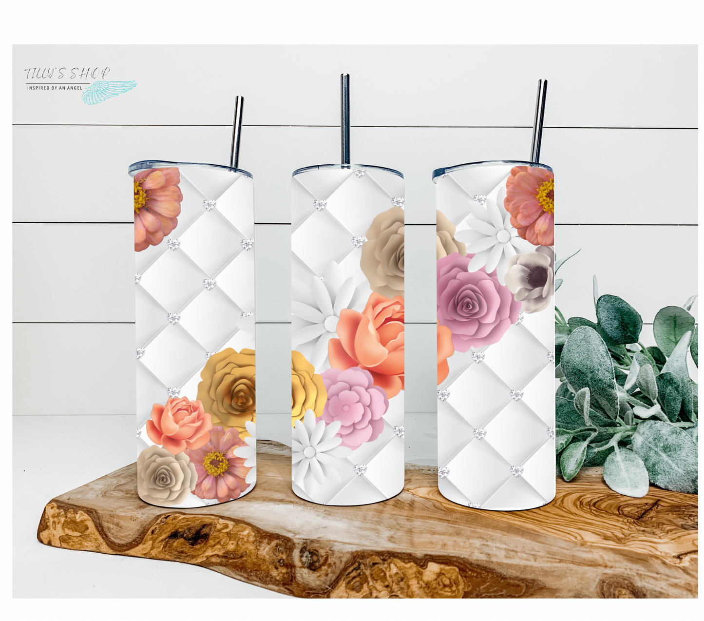 “3D Flowers with Diamonds" Sublimated Tumbler